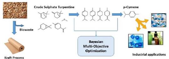 Multi-objective Bayesian optimisation of a two-step synthesis of p-cymene from crude sulphate turpentine